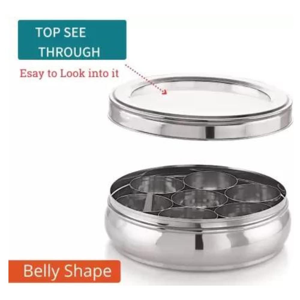 Mumma's LIFE Belly Shape Stainless Steel Masala Box with 7 Bowls and See Through Lid