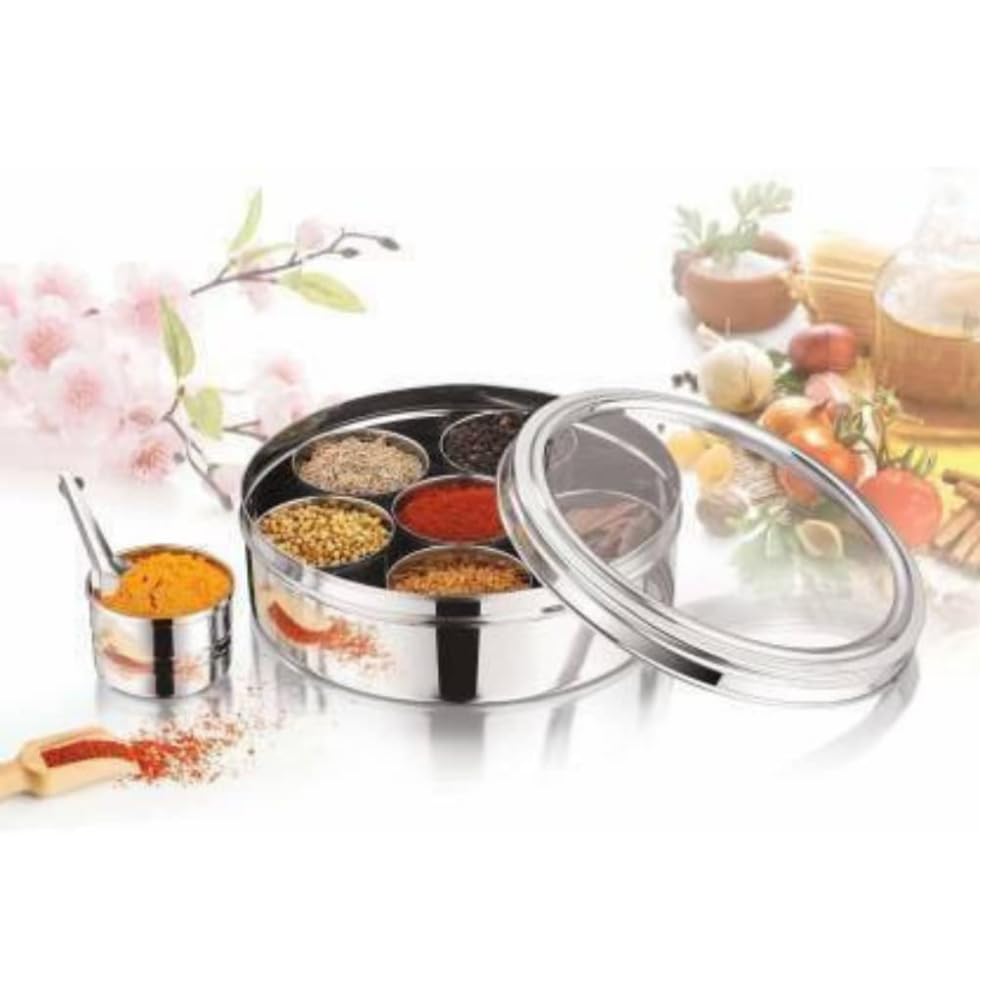 Stainless Steel Masala Box For Kitchen with See Through Lid, 7 Containers and 1 Small Spoons