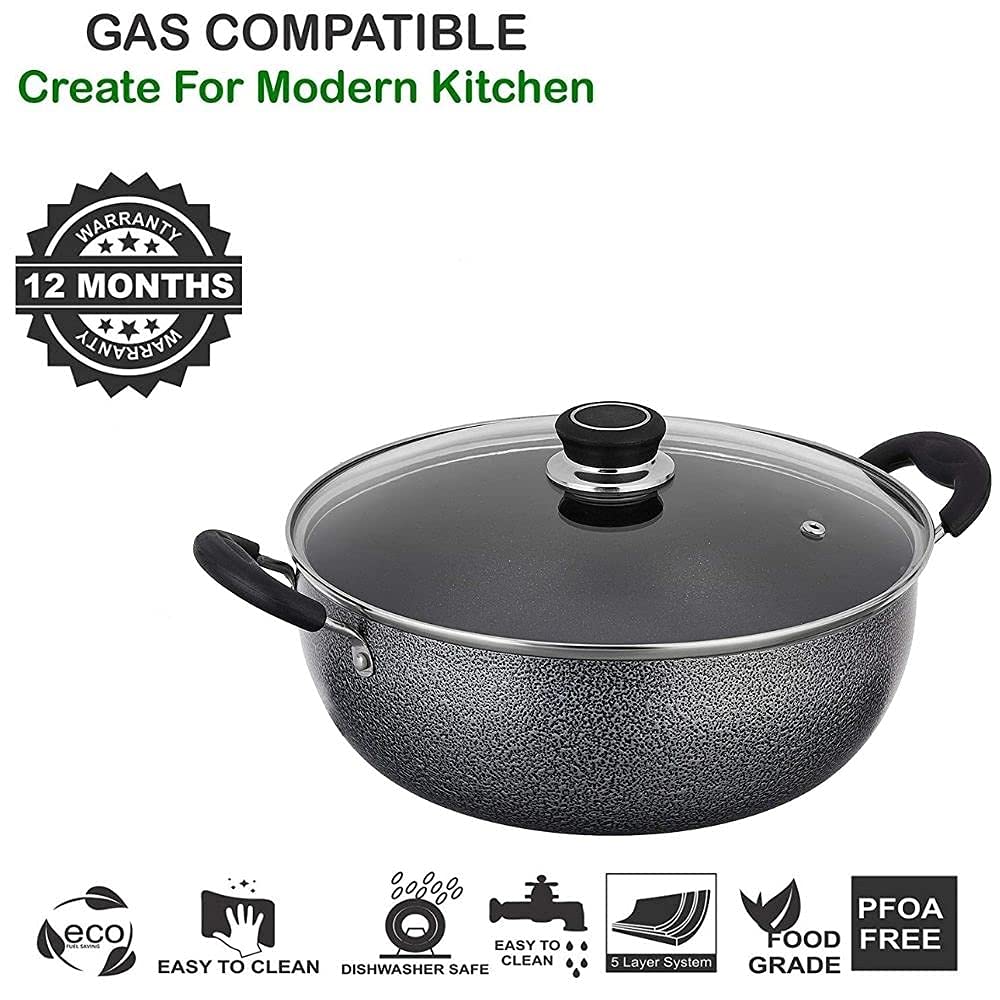 Hammertone Non-Stick Kadhai with Glass Lid