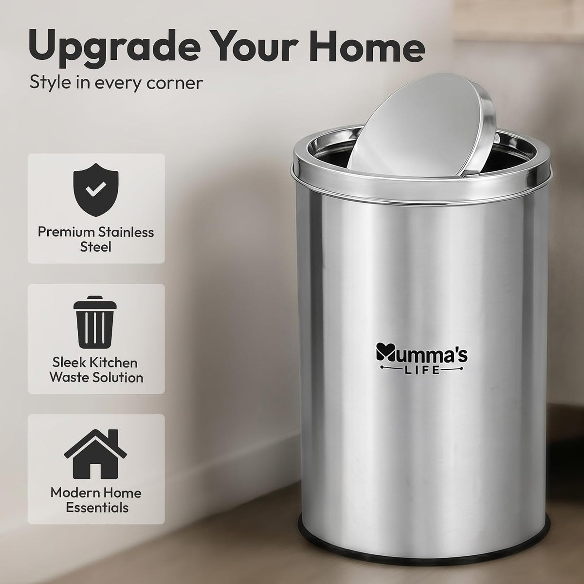 Mumma's LIFE Dustbin for Home | Stainless Steel Swing Dustbin with Lid | Trash Can for Kitchen, Bathroom, Washroom, Bedroom and Office
