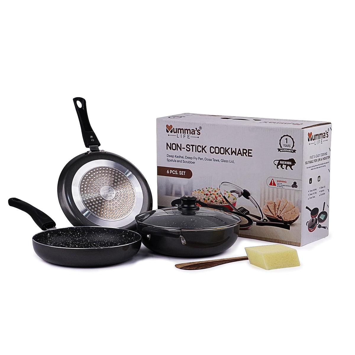 Mumma's LIFE Non Stick Aluminium Cookware Set of 6, Dosa Tawa, Kadai with Glass Lid, Frying Pan