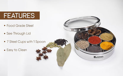 Stainless Steel Masala Box For Kitchen with See Through Lid, 7 Containers and 1 Small Spoons