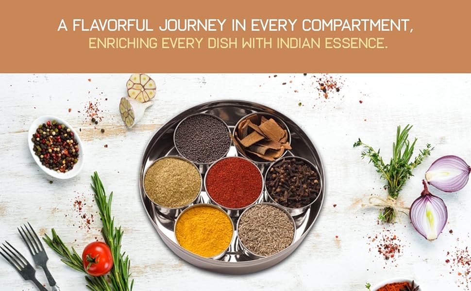 Stainless Steel Masala Box For Kitchen with See Through Lid, 7 Containers and 1 Small Spoons