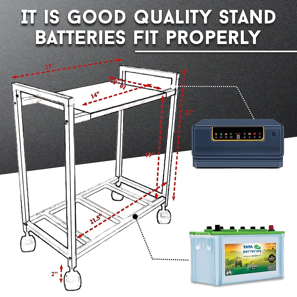 Mumma's LIFE Single Inverter Trolley for Home Metal Battery Stand Portable Compact Black