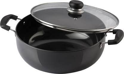 Mumma's LIFE Black Non Stick Kadhai with Glass Lid, Hammertone Finish