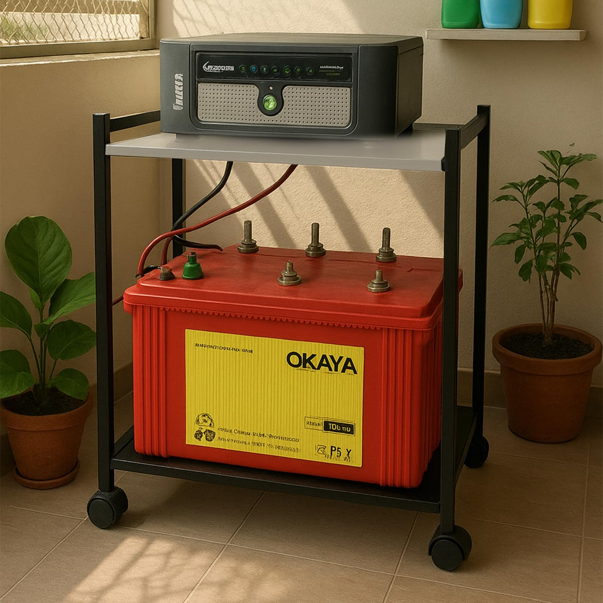 Mumma's LIFE Single Inverter Trolley for Home Metal Battery Stand Portable Compact Black