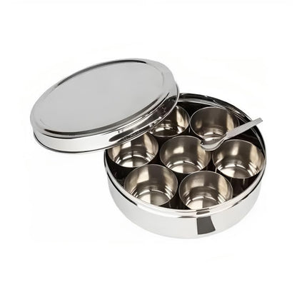 Mumma's LIFE Stainless Steel Masala Dabba/Spice Box with Plain Lid, 7 Containers and 1 Small Spoons (13 Inch)
