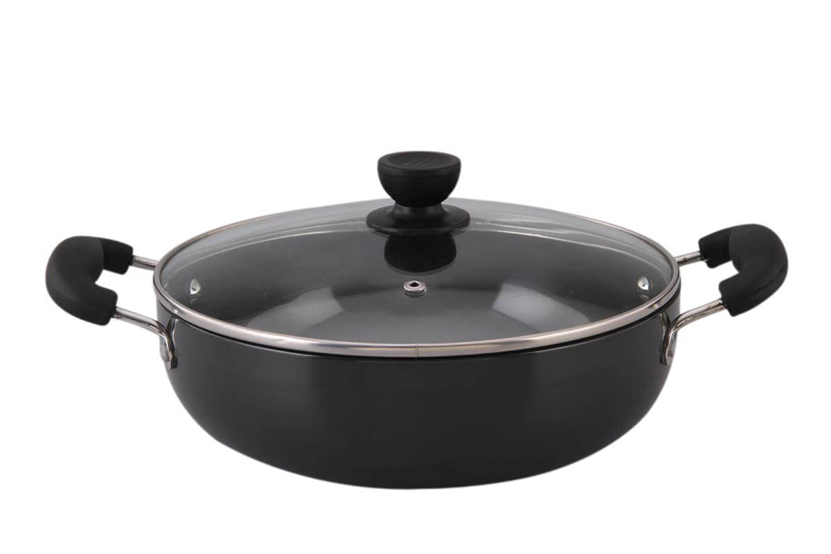 Mumma's LIFE Black Non Stick Kadhai with Glass Lid, Hammertone Finish