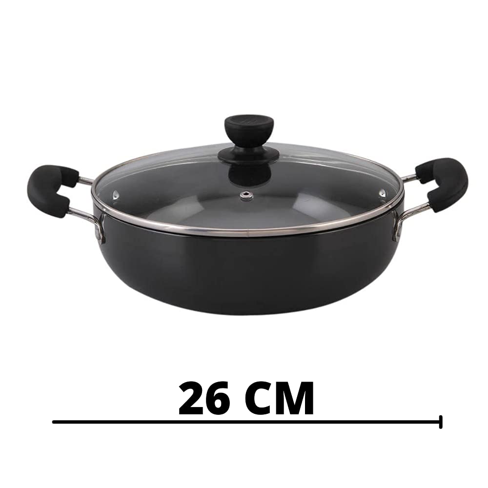 Mumma's LIFE Black Non Stick Kadhai with Glass Lid, Hammertone Finish