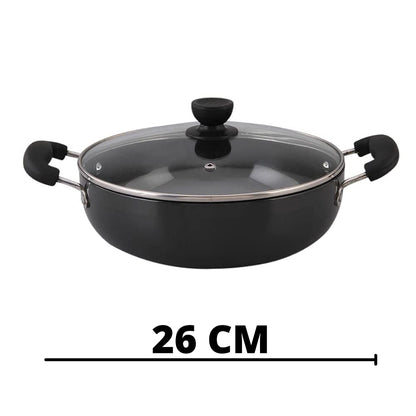Mumma's LIFE Black Non Stick Kadhai with Glass Lid, Hammertone Finish
