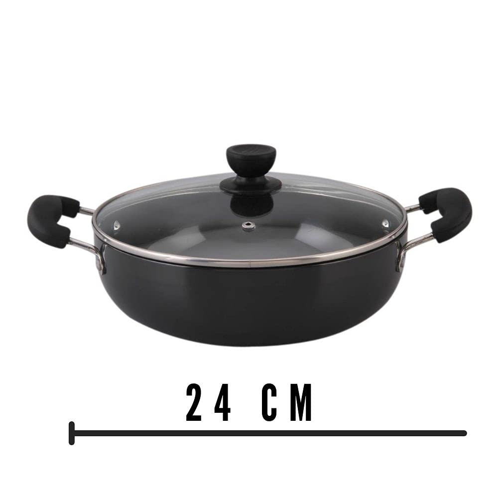 Mumma's LIFE Black Non Stick Kadhai with Glass Lid, Hammertone Finish