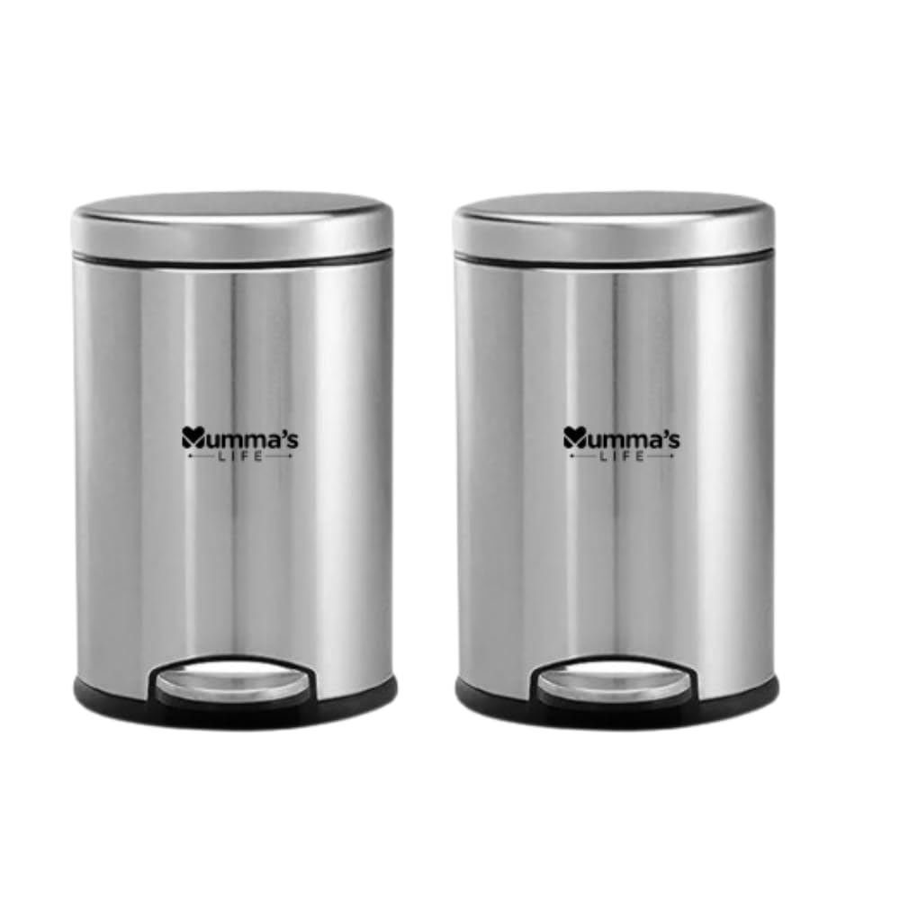 Mumma's LIFE Stainless Steel Pedal Dustbin for Bathroom with Lid | Round Garbage Bin with Plastic Inner Bucket | Silver Trash Can for Home, Kitchen & Office