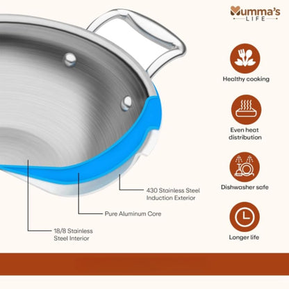 Triply Stainless Steel Kadai with Heavy Bottom