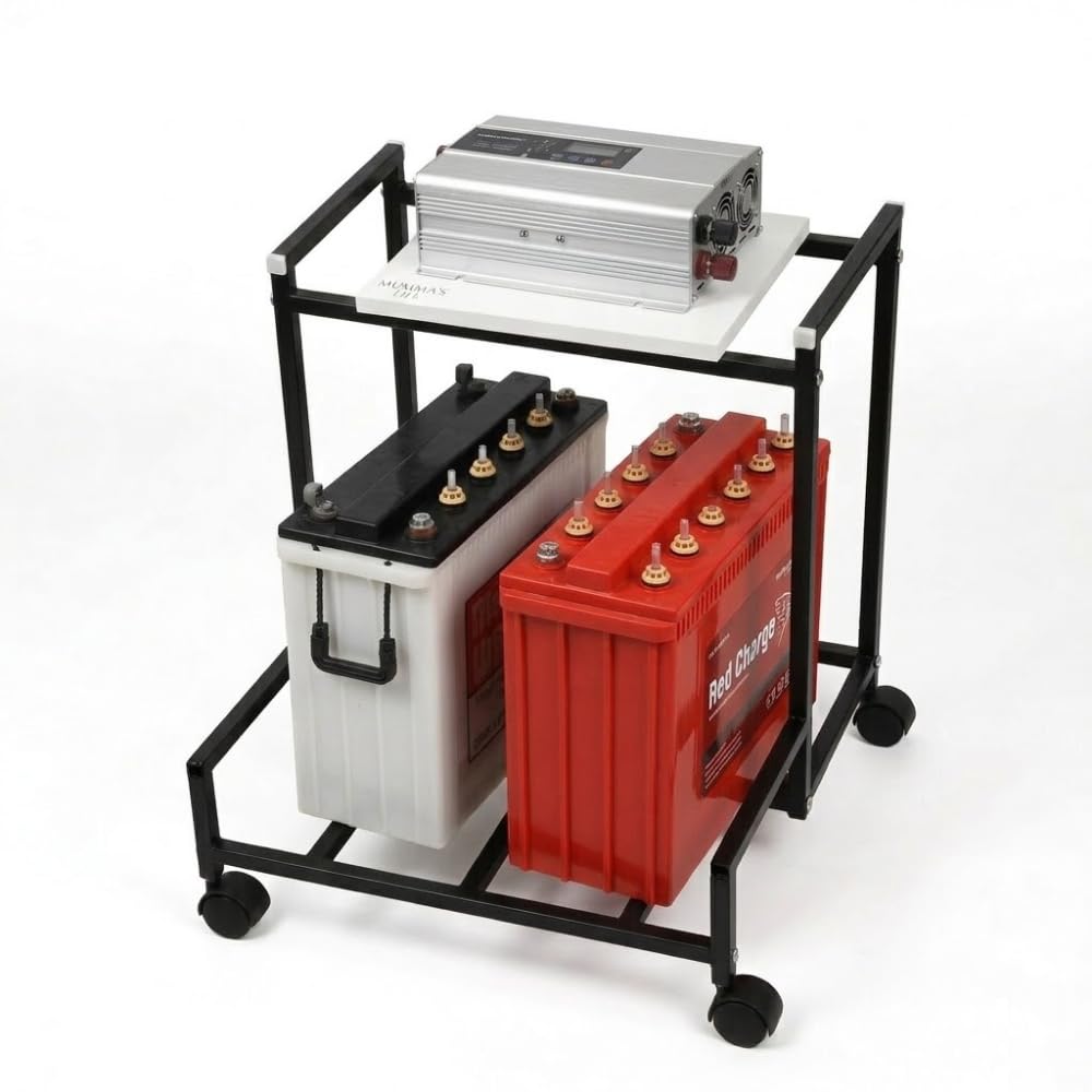Mumma's LIFE Metal Inverter Trolley for Home With Wheels Heavy Duty Battery Stand Black Wooden Double Modular Single
