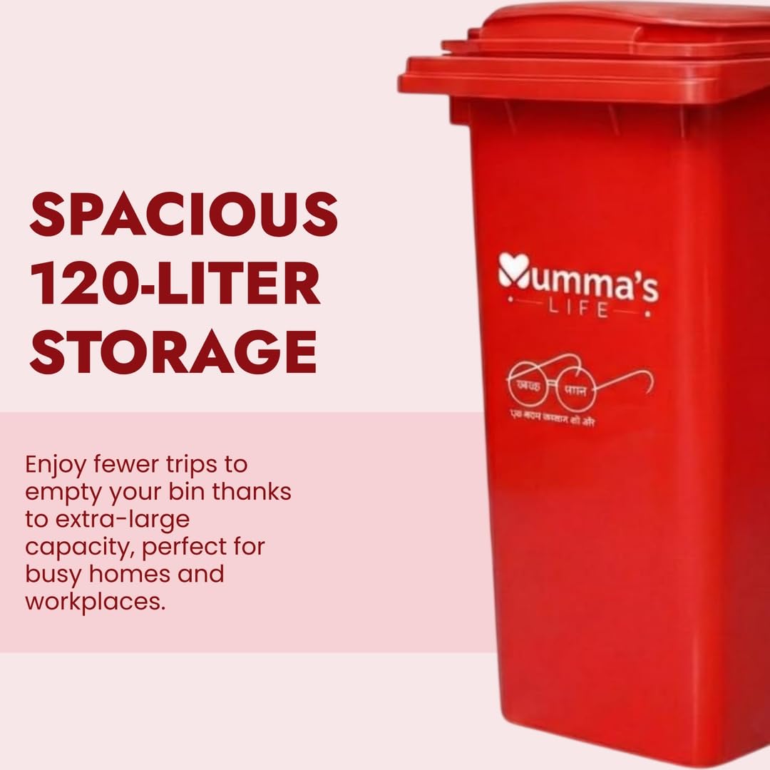 Mumma's LIFE Plastic Manual Lift 120 Ltr Wheel Garbage Dustbin with Lid and Wheels (Green, Red, Blue)