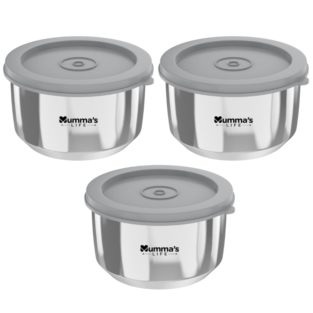 Mumma's LIFE Stainless Steel Airtight Containers With Leak Proof Lids, Set Of 3, Bpa Free, Odourless, Dishwasher Safe, Ideal For School And Office, 330Ml Capacity Each, Food Grade Silicon Seal, (Bea)