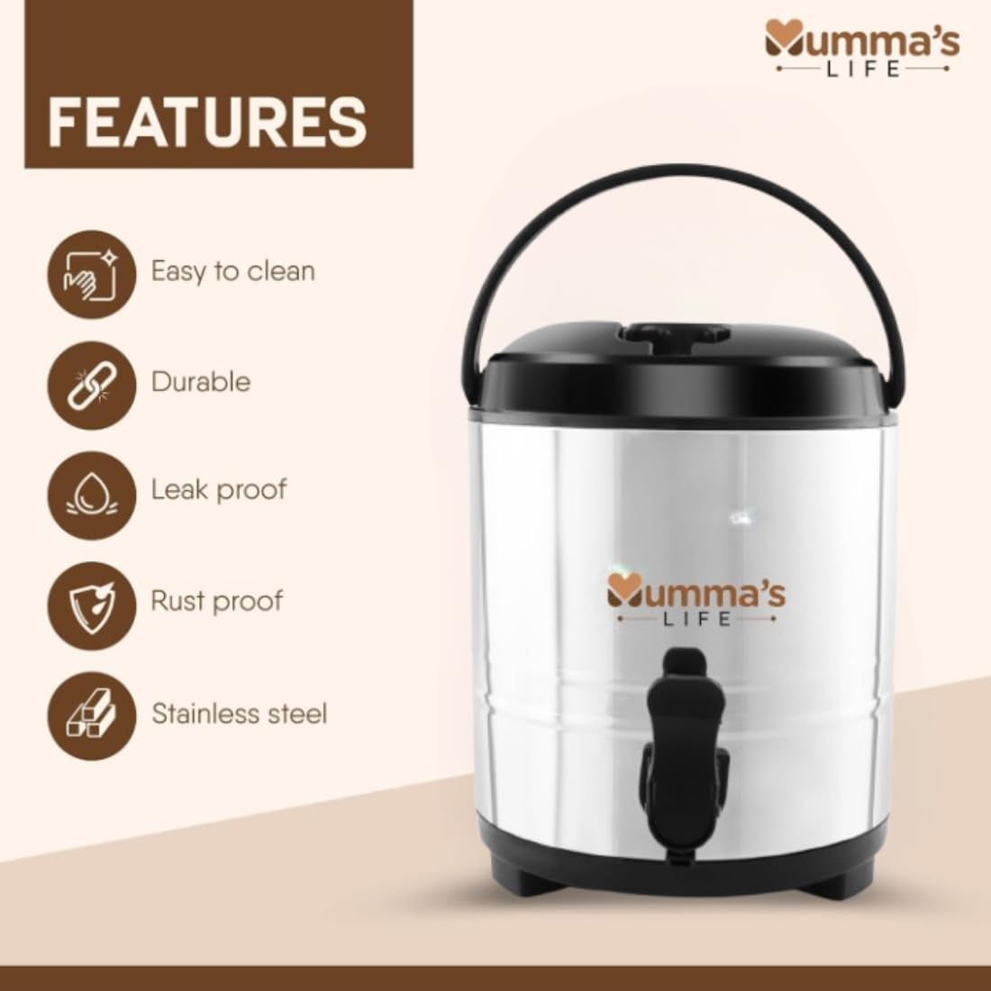 Mumma's LIFE Royal Stainless Steel Water Storage Container, 8300ml Vacuum Insulated Dispenser with Tap, Silver