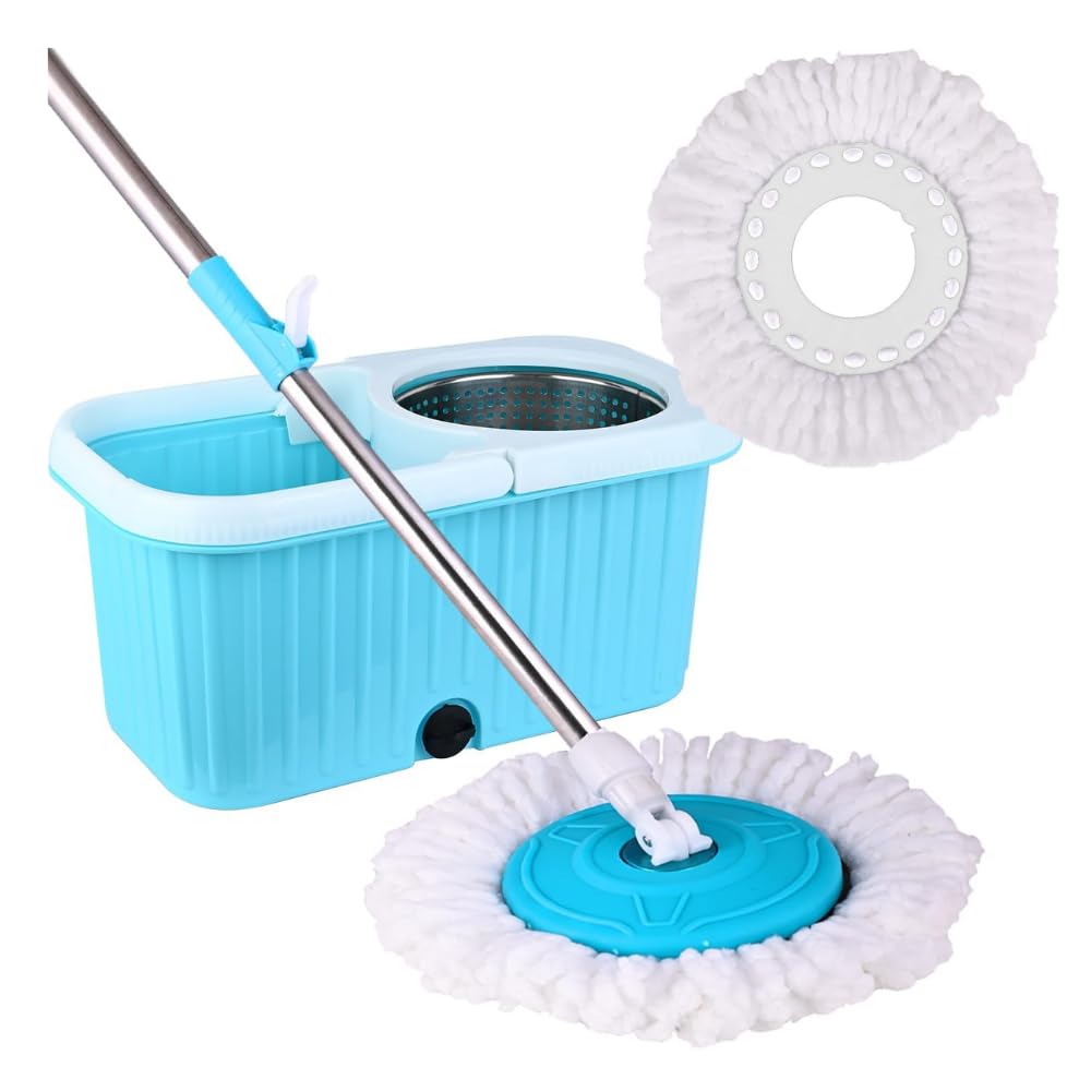 Mumma's LIFE Plastic Spin Mop Bucket Set, Extendable Handle, Removable Wringer, Square Mop Blue