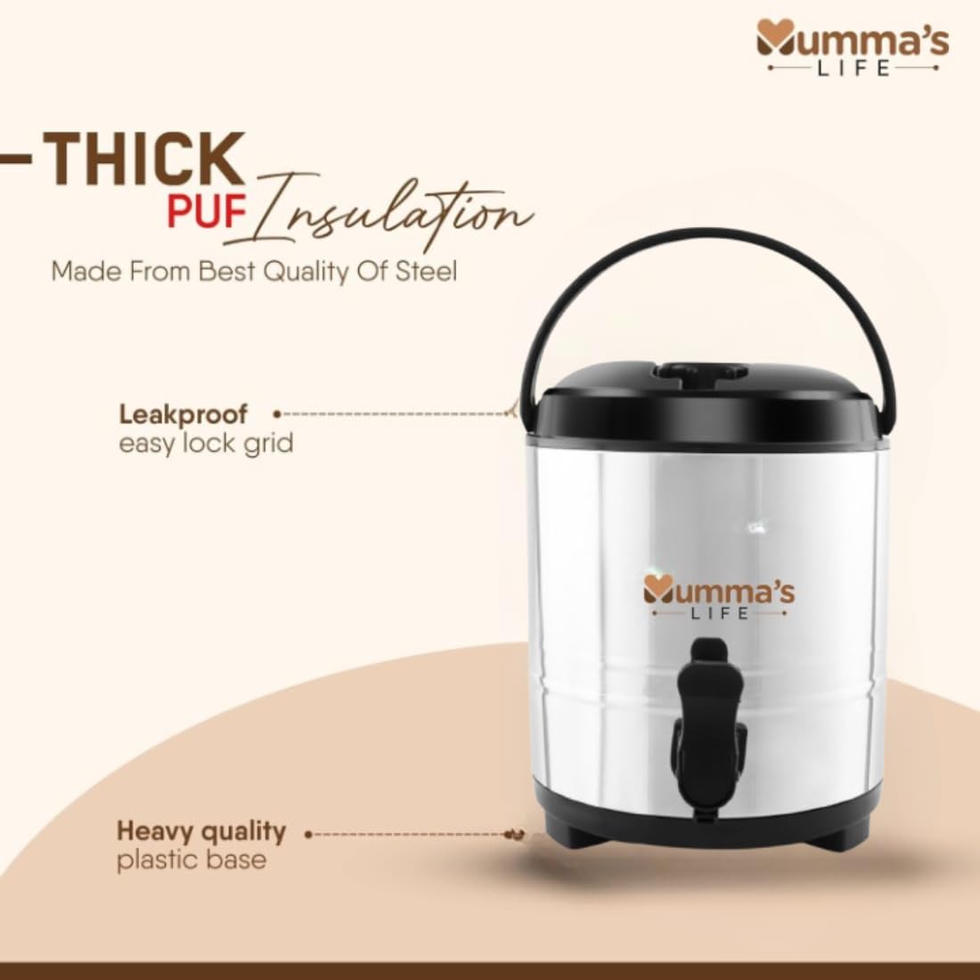 Mumma's LIFE Royal Stainless Steel Water Storage Container, 8300ml Vacuum Insulated Dispenser with Tap, Silver