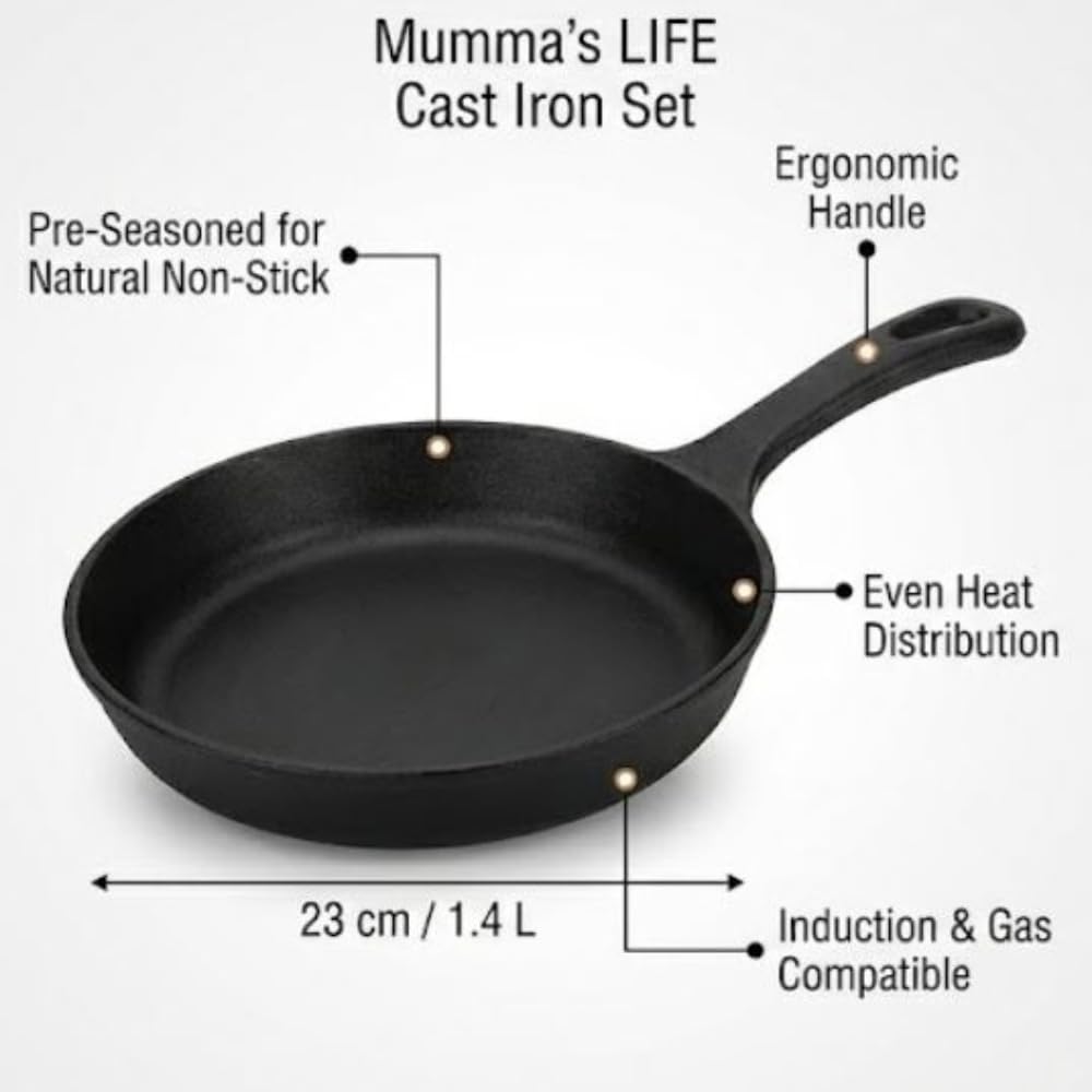 Mumma’s Life Cast Iron Cookware Set (3-Piece Combo) – Dosa Tawa (30.5 cm), Deep Kadai (2.3L) & Fry Pan (1.4L) | Pre-Seasoned, Naturally Non-Stick & Toxin-Free Heavy Duty Kitchen Set (Black)