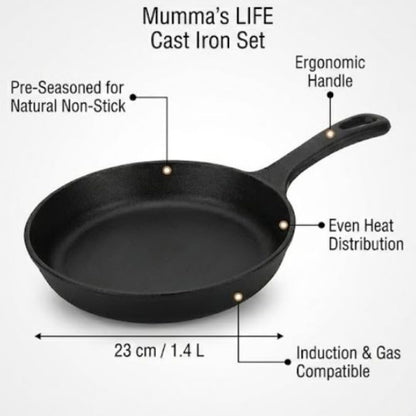 Mumma’s Life Cast Iron Cookware Set (3-Piece Combo) – Dosa Tawa (30.5 cm), Deep Kadai (2.3L) & Fry Pan (1.4L) | Pre-Seasoned, Naturally Non-Stick & Toxin-Free Heavy Duty Kitchen Set (Black)