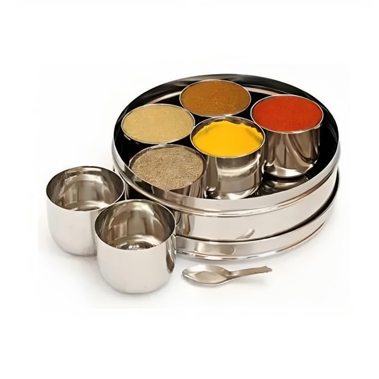 Mumma's LIFE Stainless Steel Masala Dabba/Spice Box with Plain Lid, 7 Containers and 1 Small Spoons (13 Inch)