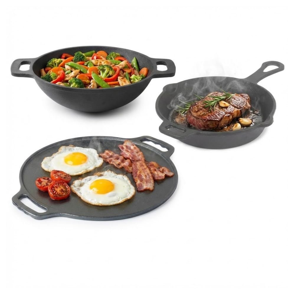 Mumma’s Life Cast Iron Cookware Set (3-Piece Combo) – Dosa Tawa (30.5 cm), Deep Kadai (2.3L) & Fry Pan (1.4L) | Pre-Seasoned, Naturally Non-Stick & Toxin-Free Heavy Duty Kitchen Set (Black)