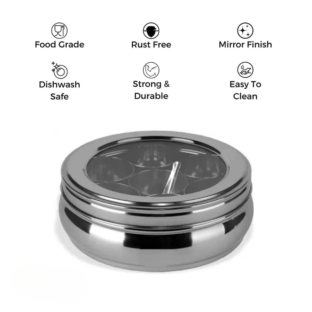 Mumma's LIFE Belly Shape Stainless Steel Masala Box with 7 Bowls and See Through Lid