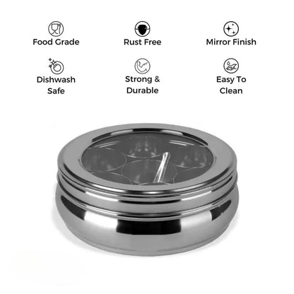 Mumma's LIFE Belly Shape Stainless Steel Masala Box with 7 Bowls and See Through Lid