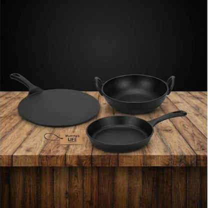 Mumma’s Life Cast Iron Cookware Set (3-Piece Combo) – Dosa Tawa (30.5 cm), Deep Kadai (2.3L) & Fry Pan (1.4L) | Pre-Seasoned, Naturally Non-Stick & Toxin-Free Heavy Duty Kitchen Set (Black)
