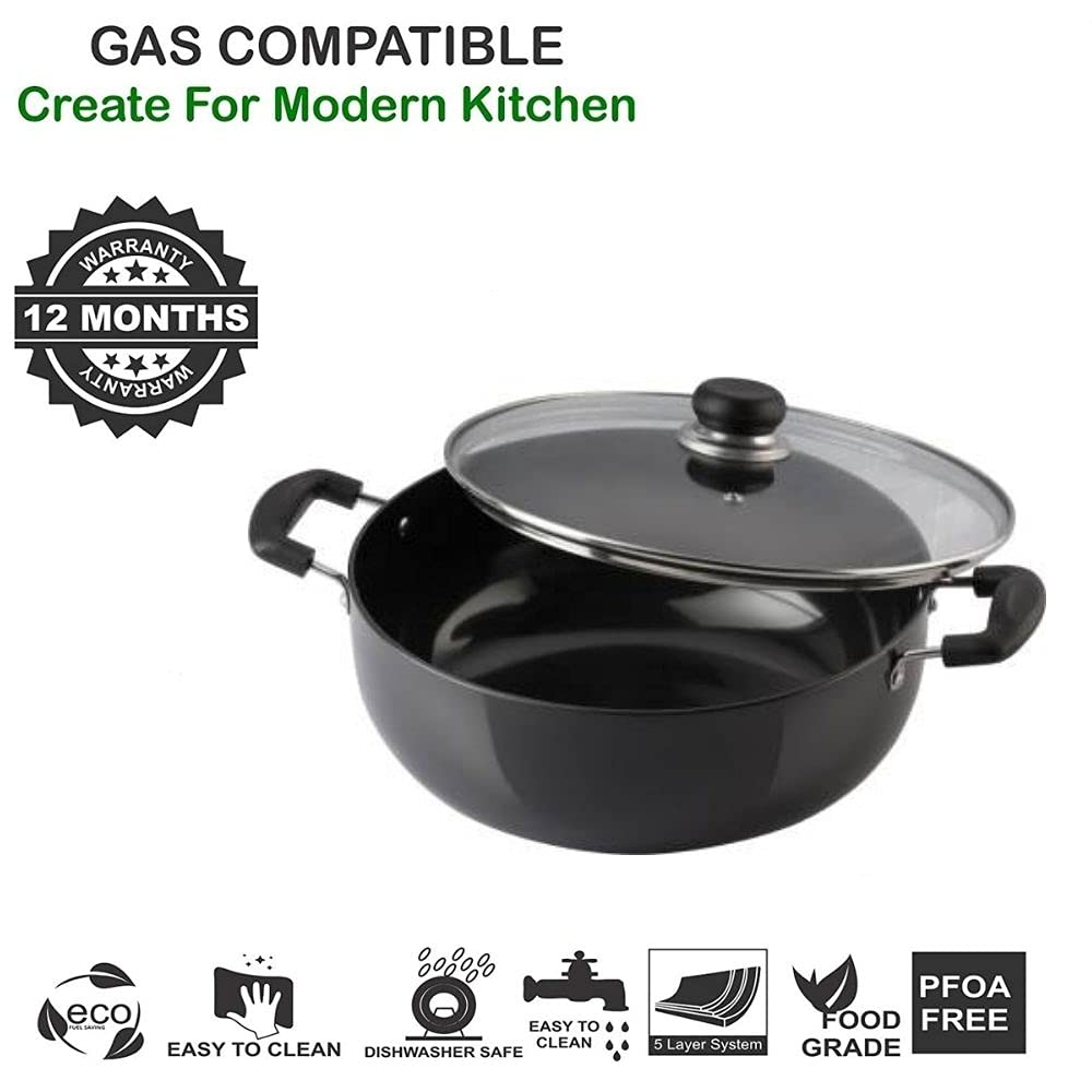 Mumma's LIFE Black Non Stick Kadhai with Glass Lid, Hammertone Finish
