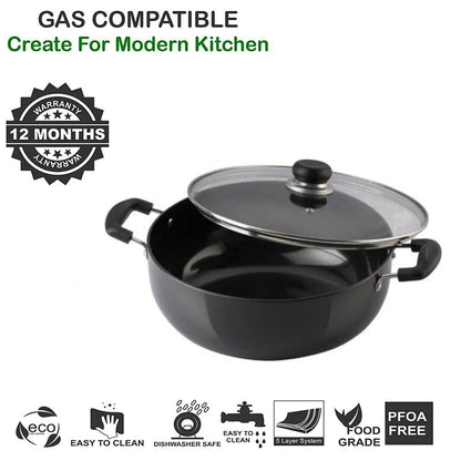 Mumma's LIFE Black Non Stick Kadhai with Glass Lid, Hammertone Finish