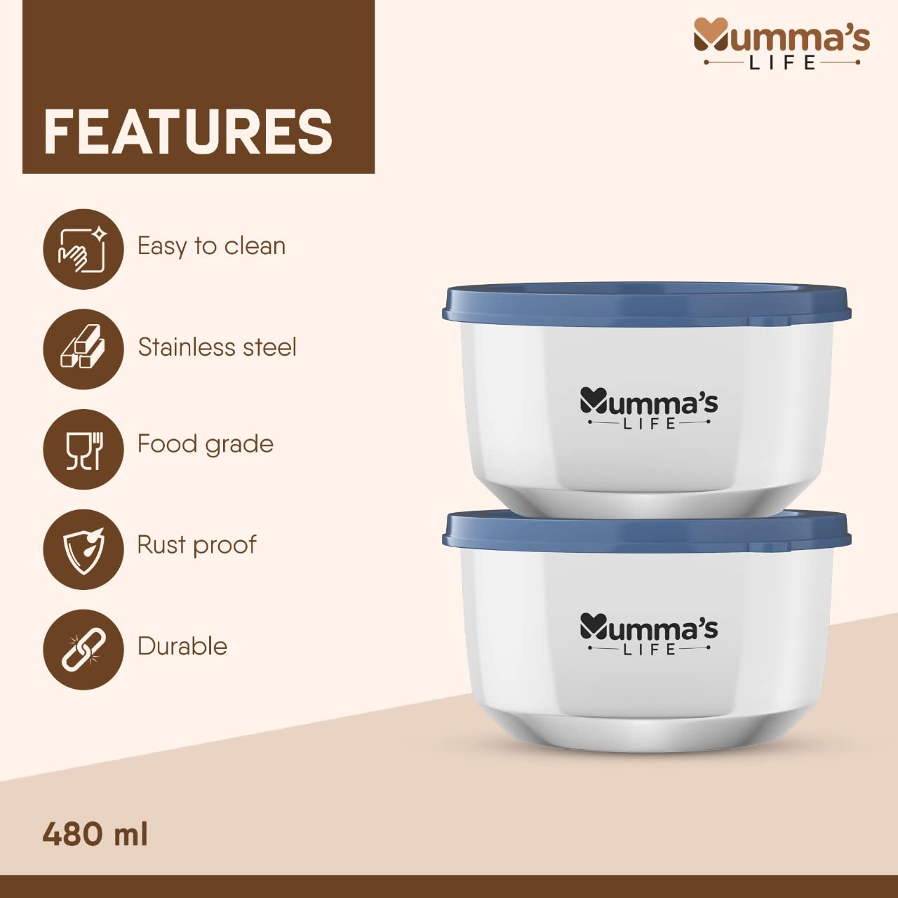 Mumma's LIFE- Insulated Lunch Box 2 Containers Lunch Box with Lid (280 ML) (Grey)