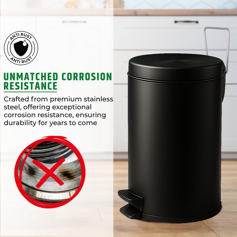 Mumma's LIFE Black Stainless Steel Trash Can with Lid | Pedal Dustbin | Hands-Free Step-On Small Bin for Bathroom, Bedroom, Kitchen & Toilet