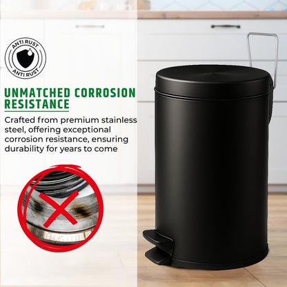 Mumma's LIFE Black Stainless Steel Trash Can with Lid | Pedal Dustbin | Hands-Free Step-On Small Bin for Bathroom, Bedroom, Kitchen & Toilet