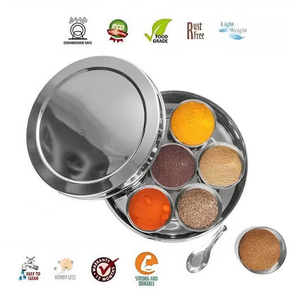 Mumma's LIFE Stainless Steel Masala Dabba/Spice Box with Plain Lid, 7 Containers and 1 Small Spoons (13 Inch)