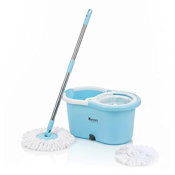 Mumma's LIFE Plastic Spin Mop Bucket, Moppers for Cleaning Floor, Mop Set Extendable Handle, Removable Wringer 360° with Floor Cleaner Mopping Stick (Square Mop Set)