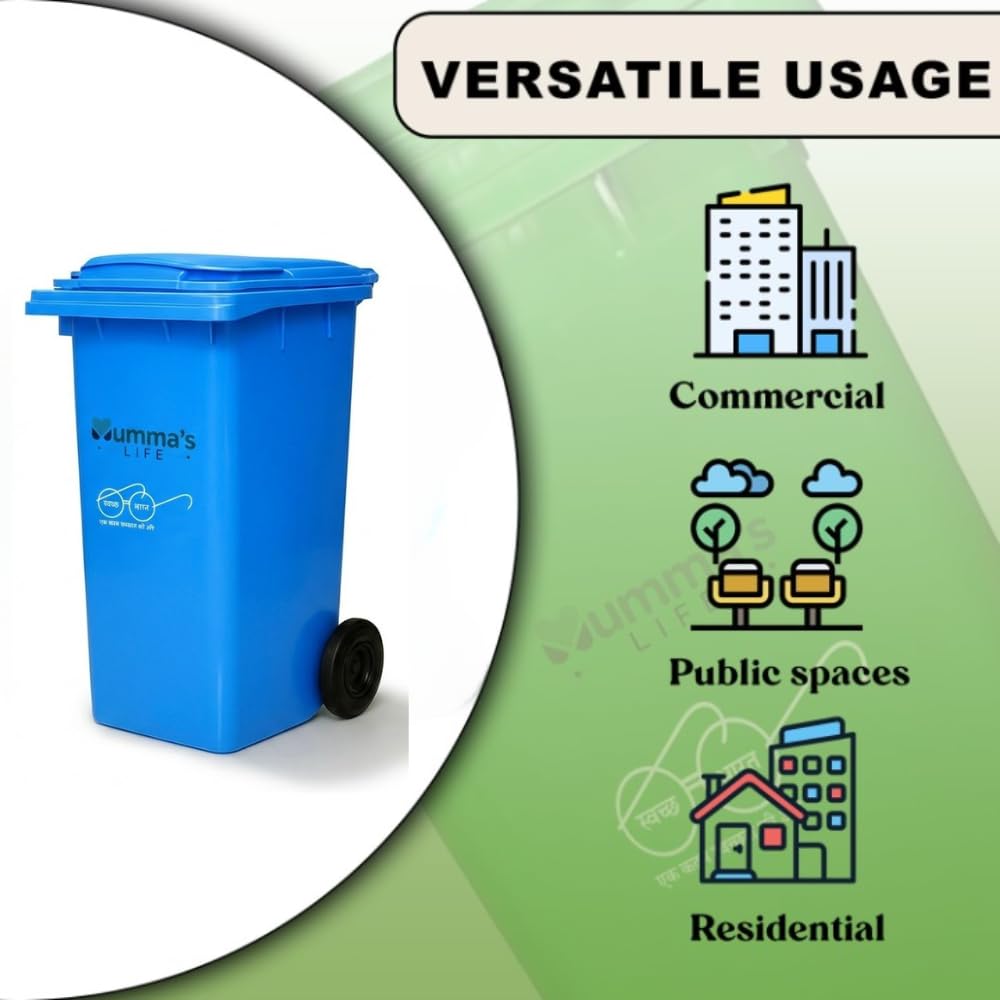 Mumma's LIFE Big Dustbin Extra Large Size | 120L Plastic Manual-Lift Wheel Garbage Big Dustbin | Heavy Duty HDPE Waste Bin with Lid & Wheels | For Indoor & Outdoor Use (Blue)