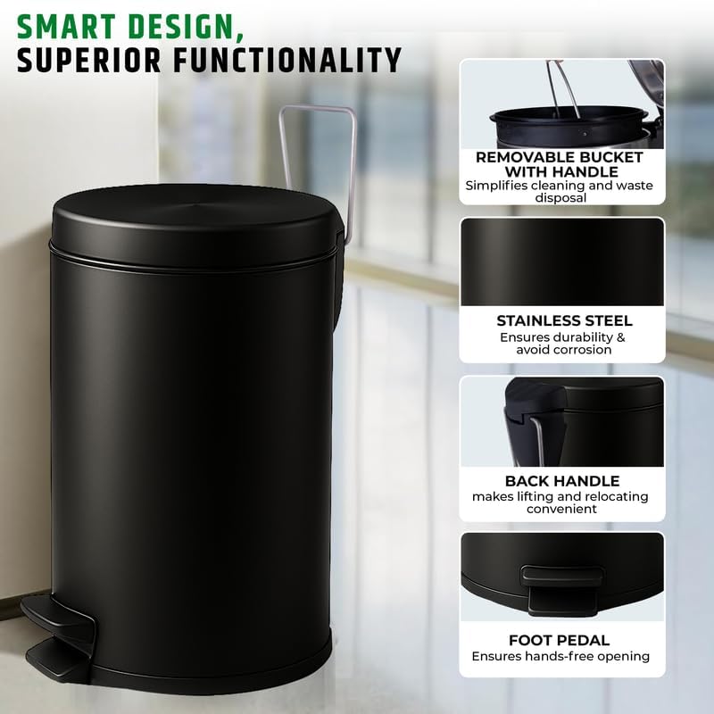Mumma's LIFE Black Stainless Steel Trash Can with Lid | Pedal Dustbin | Hands-Free Step-On Small Bin for Bathroom, Bedroom, Kitchen & Toilet