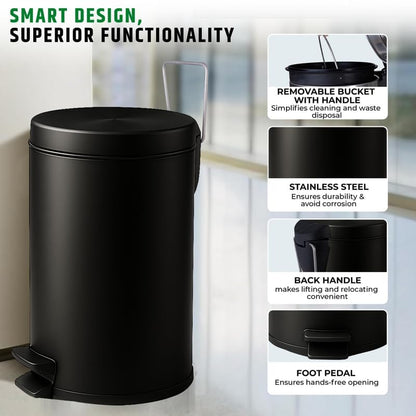 Mumma's LIFE Black Stainless Steel Trash Can with Lid | Pedal Dustbin | Hands-Free Step-On Small Bin for Bathroom, Bedroom, Kitchen & Toilet