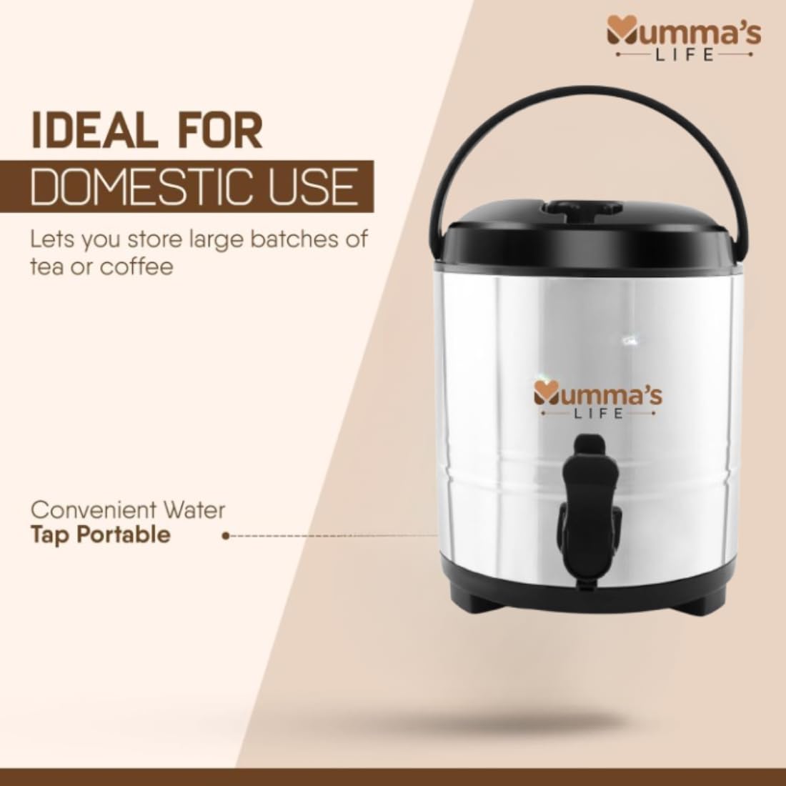 Mumma's LIFE Royal Stainless Steel Water Storage Container, 8300ml Vacuum Insulated Dispenser with Tap, Silver