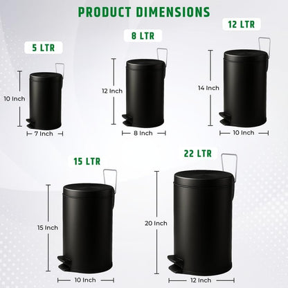 Mumma's LIFE Black Stainless Steel Trash Can with Lid | Pedal Dustbin | Hands-Free Step-On Small Bin for Bathroom, Bedroom, Kitchen & Toilet