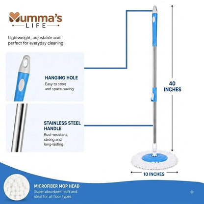 Mumma's LIFE Spin Mop Stick Rod with Microfiber Refill, 42 Inch Metal Handle, 360 Degree