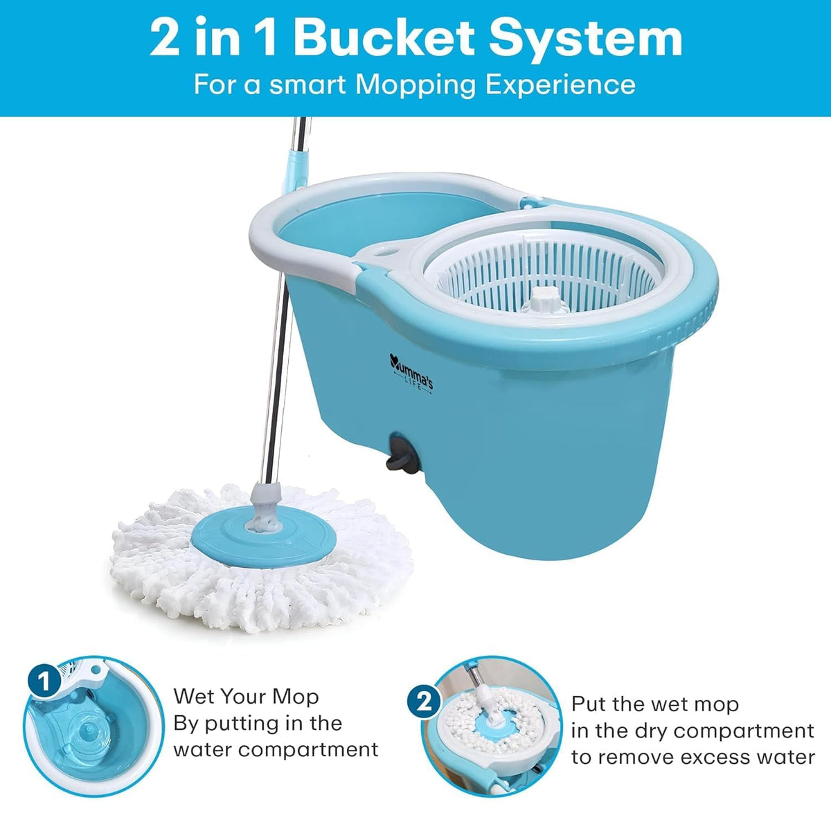 Mumma's LIFE Plastic Spin Mop Bucket, Moppers for Cleaning Floor, Mop Set Extendable Handle, Removable Wringer 360° with Floor Cleaner Mopping Stick (Square Mop Set)