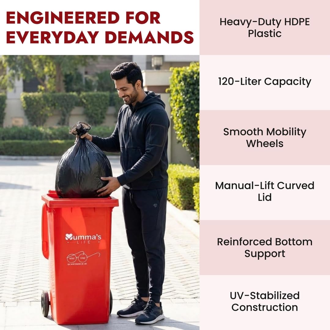 Mumma's LIFE Plastic Manual Lift 120 Ltr Wheel Garbage Dustbin with Lid and Wheels (Green, Red, Blue)