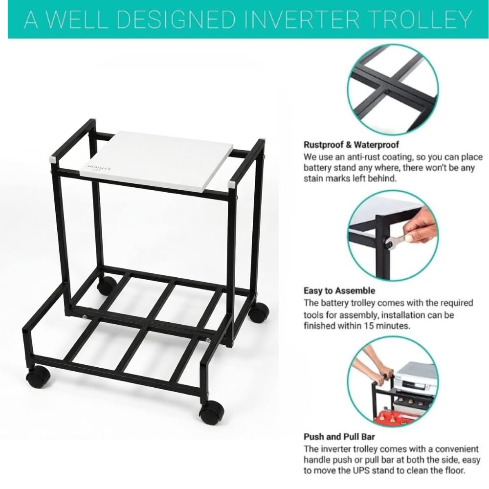 Mumma's LIFE Metal Inverter Trolley for Home With Wheels Heavy Duty Battery Stand Black Wooden Double Modular Single