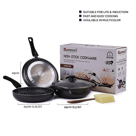 Mumma's LIFE- Non Stick Aluminium Cookware Set 24cm with 3MM Thickness, Dosa Tawa, Kadai with Glass Lid, and Frying Pan Set of 6 Piece (Grey)