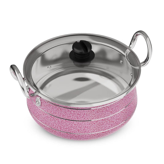 Mumma's LIFE- Aluminium Handi with Glass Lid | Biryani Pot | Induction Base Biryani Handi | (2 Layer Coating, 4 mm Thickness) (5LTR, Pink)