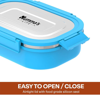 Mumma's LIFE Stainless Steel Tiffin Box with 4 Side Lock Lid, 910 ml and Inner Stainless Steel Container, 135 ml, Food Grade | Air Tight | Easy to Carry | Leak Proof (Kiddy Lunch Box Blue)