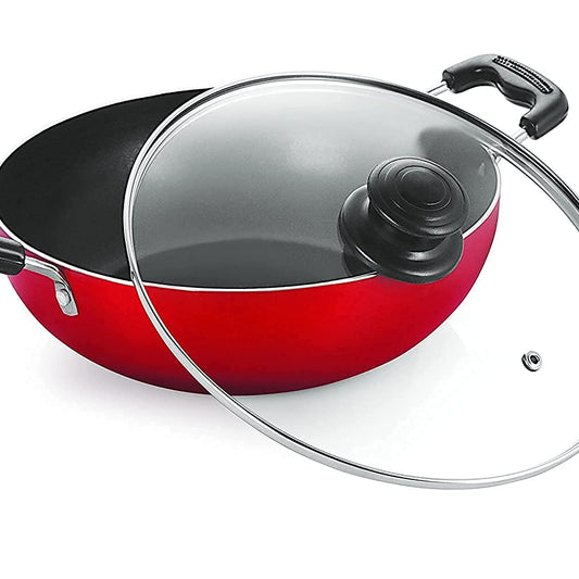MUMMA LIFE Non-Stick Kadhai with Glass Lid (26 cm, Hammertone Finish, 3 Coat, 3mm Thickness), Aluminium (Red)